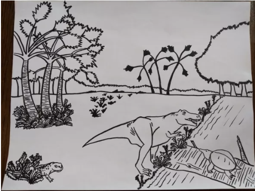 A drawing of a T. rex next to a river with a turtle-like animal. Various trees, plants, and other ancient animals surround the dinosaurs.