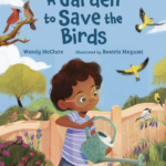 a book cover showing an illustration of a child watering a garden while birds fly around