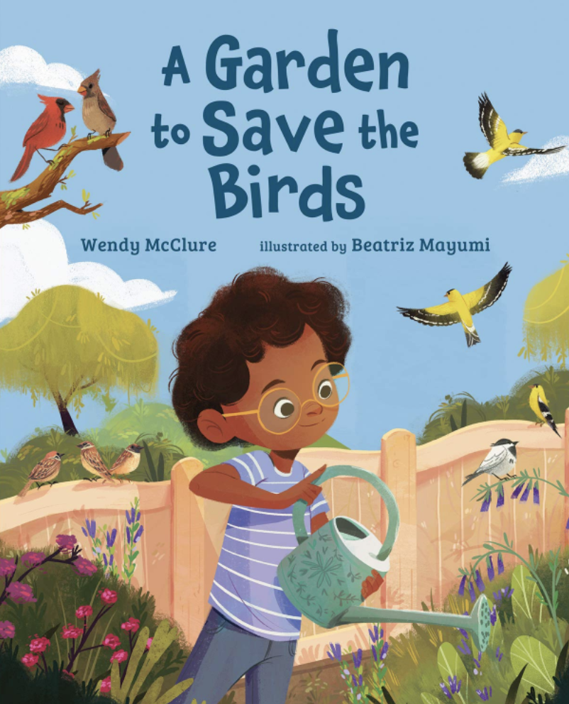 a book cover showing an illustration of a child watering a garden while birds fly around