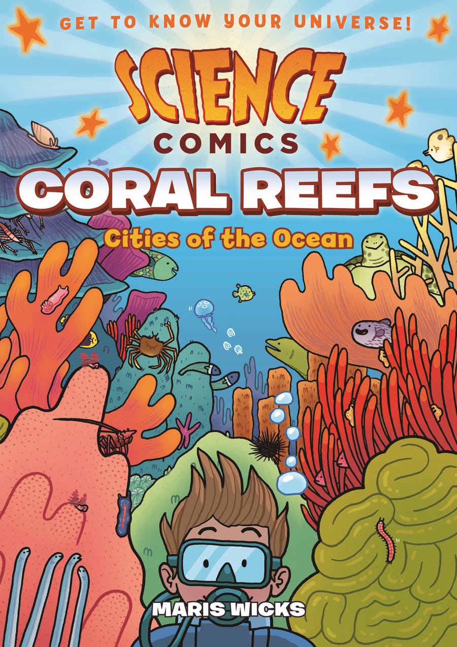 Cover of the book Coral Reefs: Cities of the Ocean. Features illustrations of corals and a young diver coming up at the bottom of the cover.