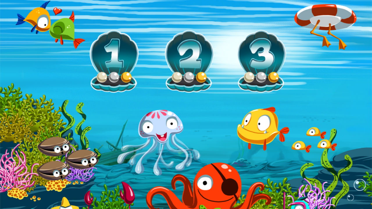 Screencap from Gro Memo game, three clamshells are highlighted as choices for the player on an ocean backdrop.