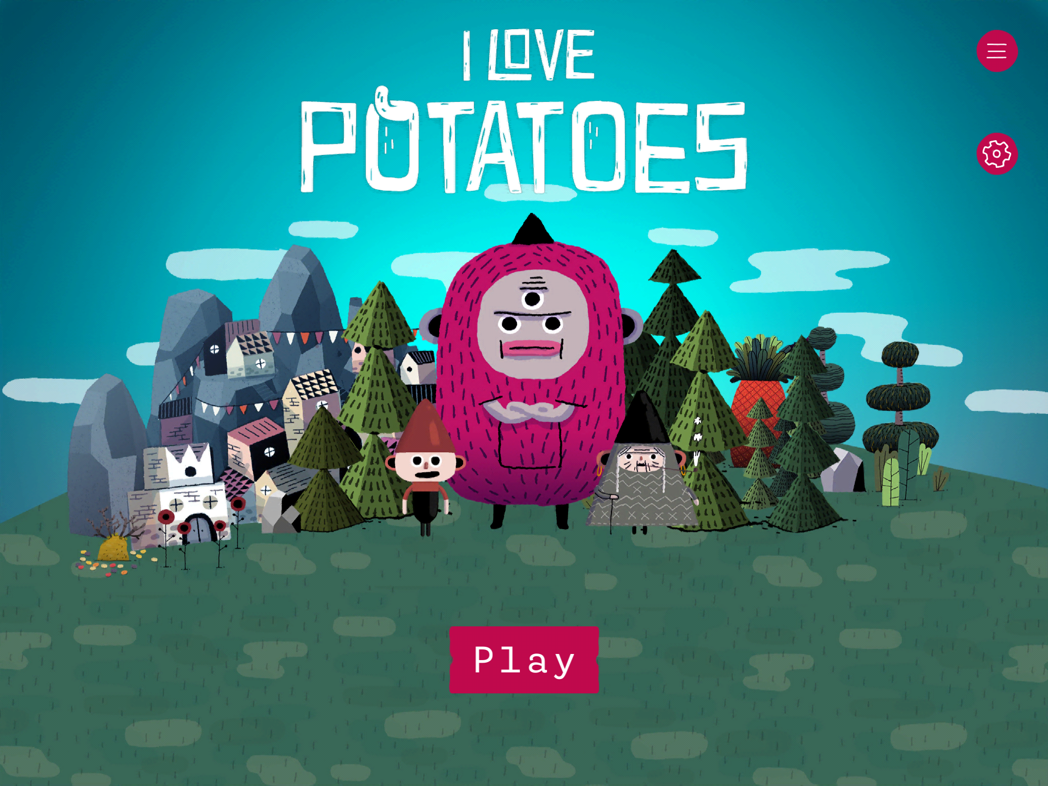 Promotional graphic for I Love Potatoes game, includes two main characters in the foreground with their town as the background.