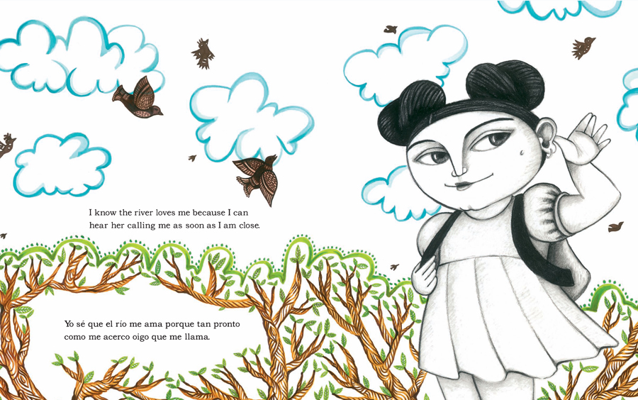 Excerpt from the book. Features an image of a child putting a hand to their ear to listen as they walk. The text, in English and Spanish, reads: "I know the river loves me because I can hear her calling me as soon as I am close."