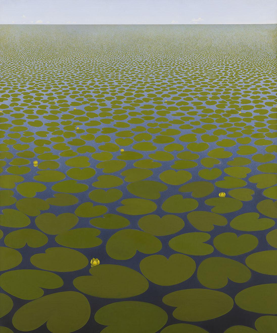 A painting of green lily pads on the surface of water that extends endlessly into the horizon.