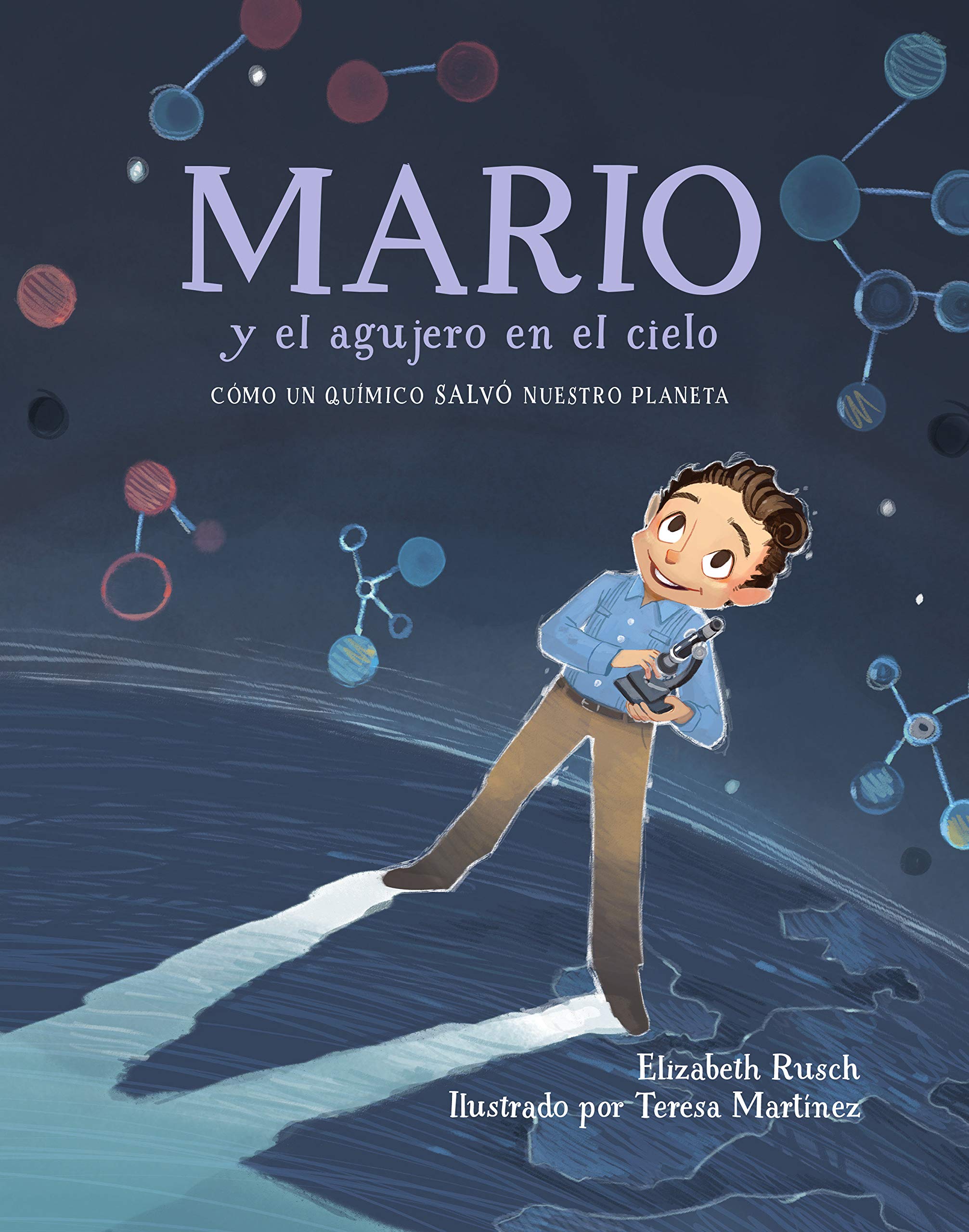 Cover of the book Mario y el Agujero en el Cielo. Features Mario as a young child holding a microscope and staring at a sky filled with molecules.