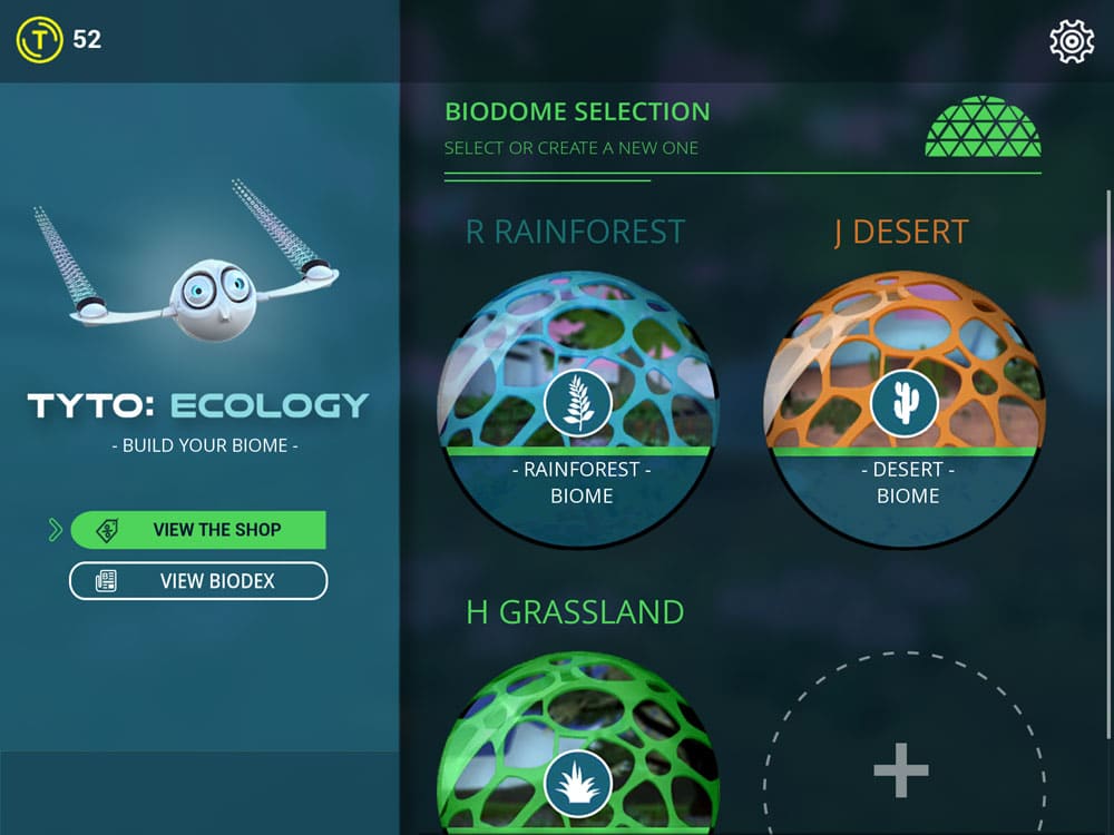 Screenshot from the Tyto Ecology game. Features a screen to select biomes from (including rainforest, desert, and grassland) for gameplay.