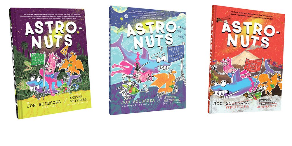 Covers of the three AstroNuts books. Each is brightly colored with collage-style illustrations of the protagonists.