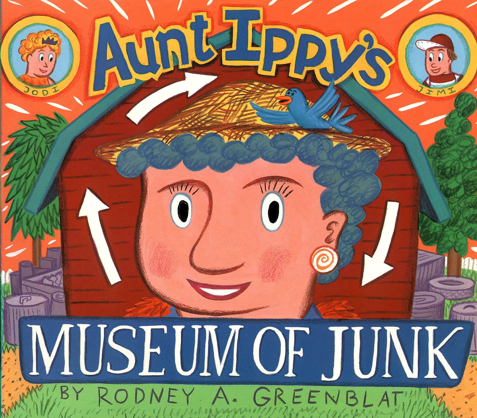 Cover of the book Aunt Ippy's Museum of Junk. Features an illustration of Aunt Ippy with arrows in a circular design around her face to emulate the traditional recycling logo.
