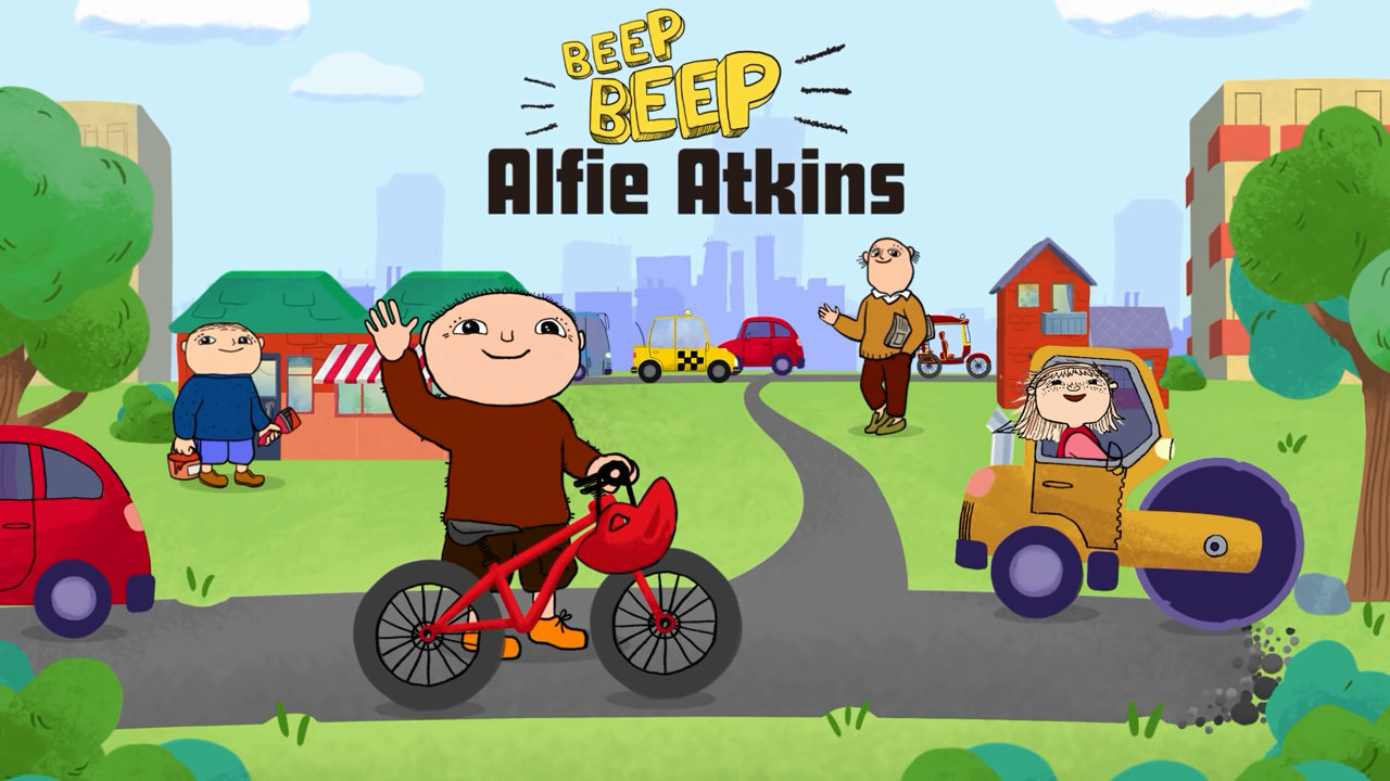 Screencap from Beep Beep Alfie Atkins webpage, features Alfie and other characters on bikes in their city.