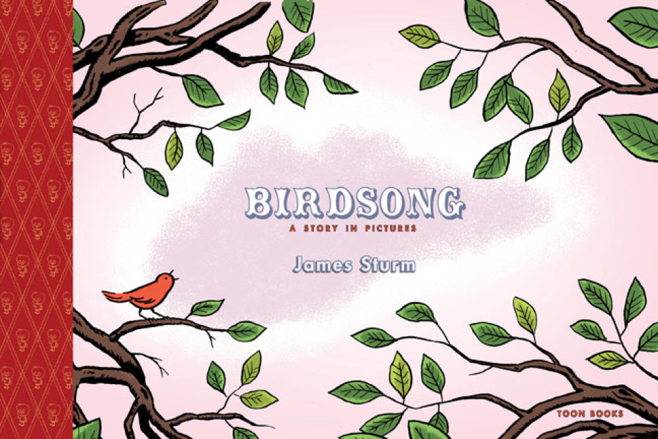 Cover of the book. Features an illustration of a small red bird on a tree branch and the word "birdsong" written in white text at the center.