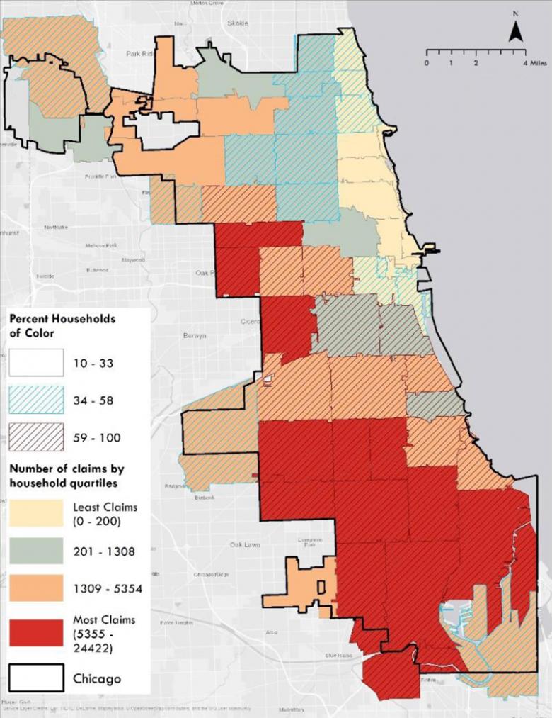 Flood equity map. Features map of Chicago by zipcode colored by number of flood claims.