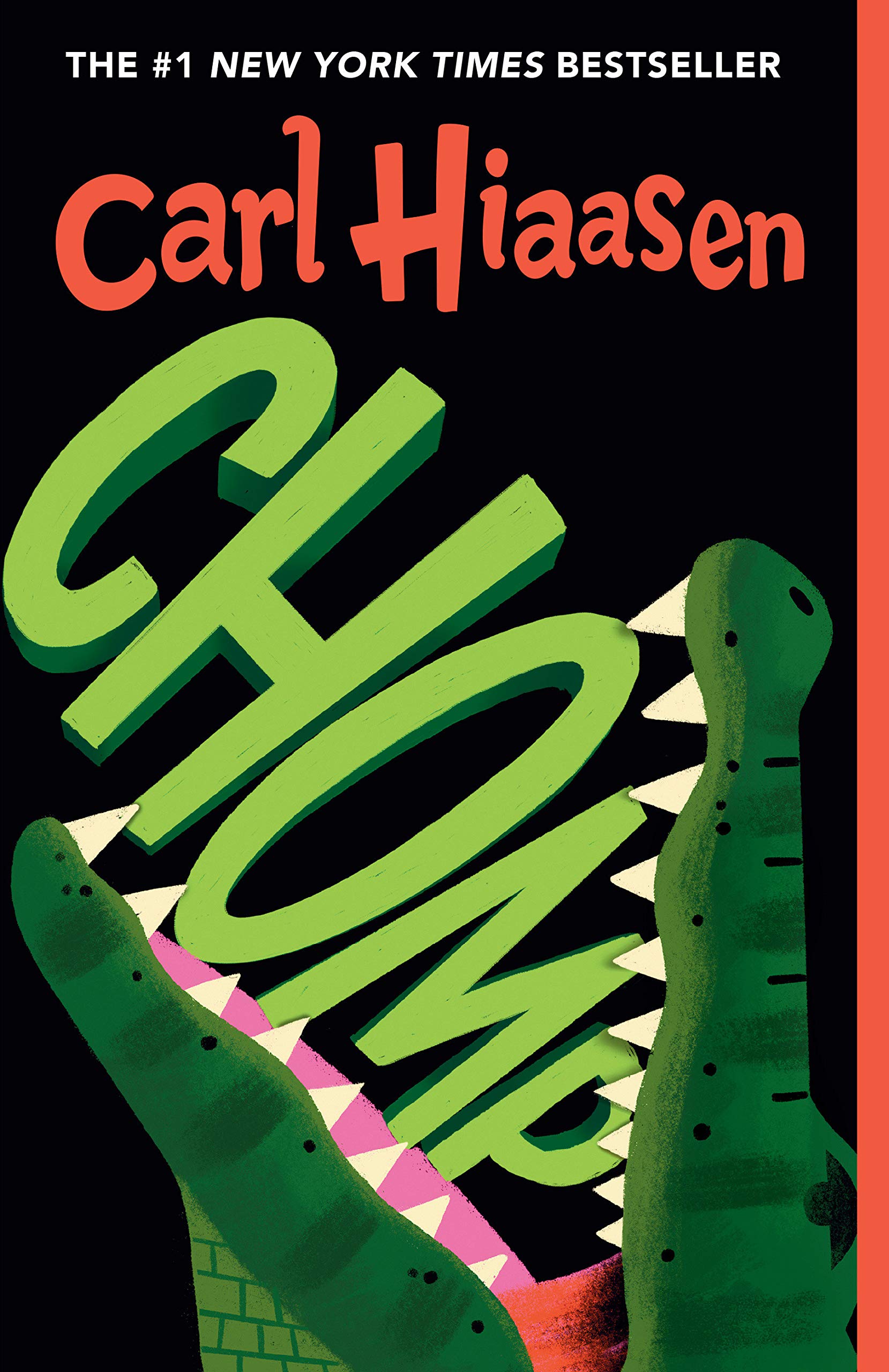 Cover of the book Chomp. Features an illustration of an alligator opening its mouth to eat the text of the title, which is written in capital green letters.