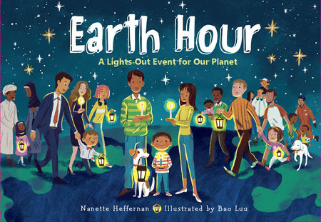 Cover of the book "Earth Hour." Features a group of people standing outside holding candles.