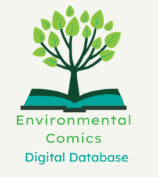 Logo for the Environmental Comics Database. Features green and blue text for the words "environmental comics digital database" and an image of a tree growing out of the spine of an open book.