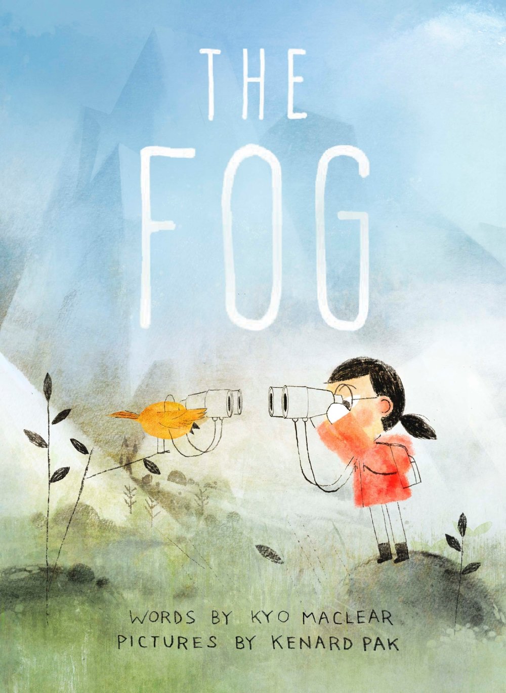 Cover of the book The Fog. Features a young child and a bird, each staring at the other through a pair of binoculars, on a foggy background. The title is printed in large, white text.