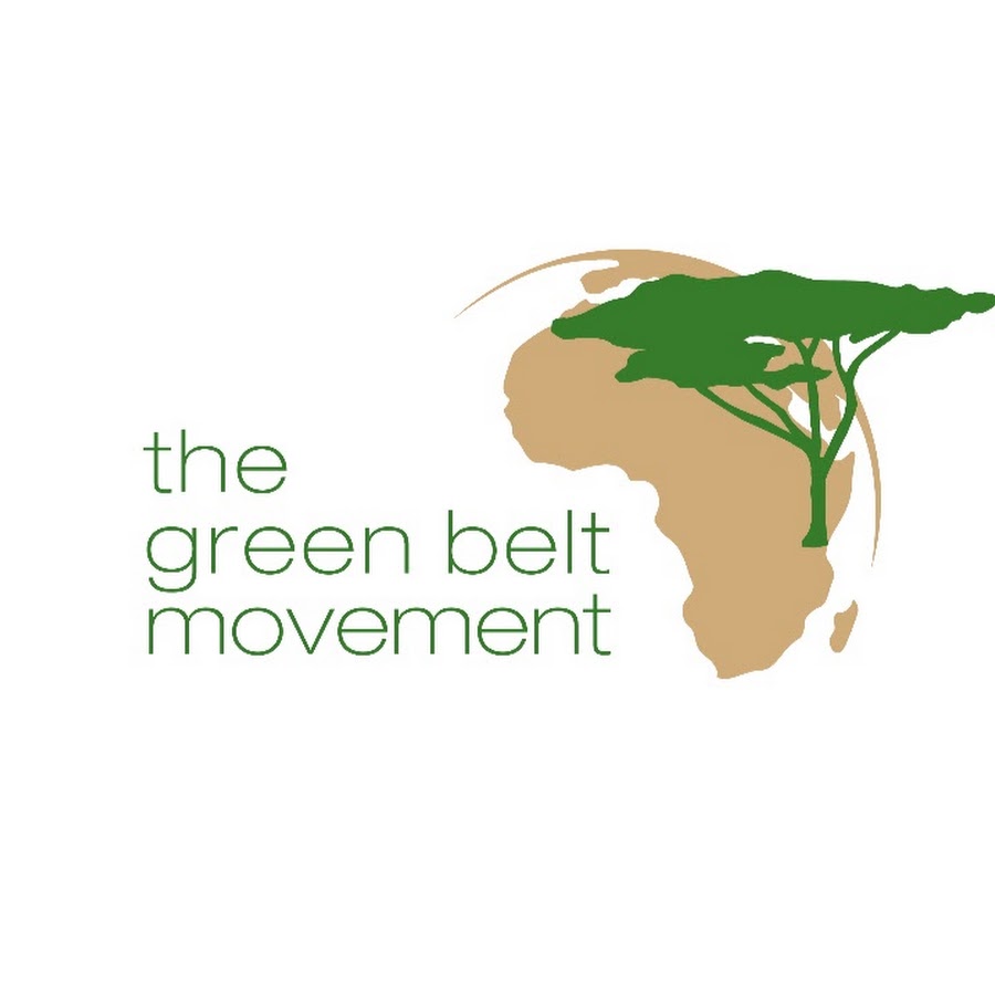 Logo for The Green Belt Movement. Depicts an illustration of Africa on the globe with a large green tree sprouting from the Eastern coast.