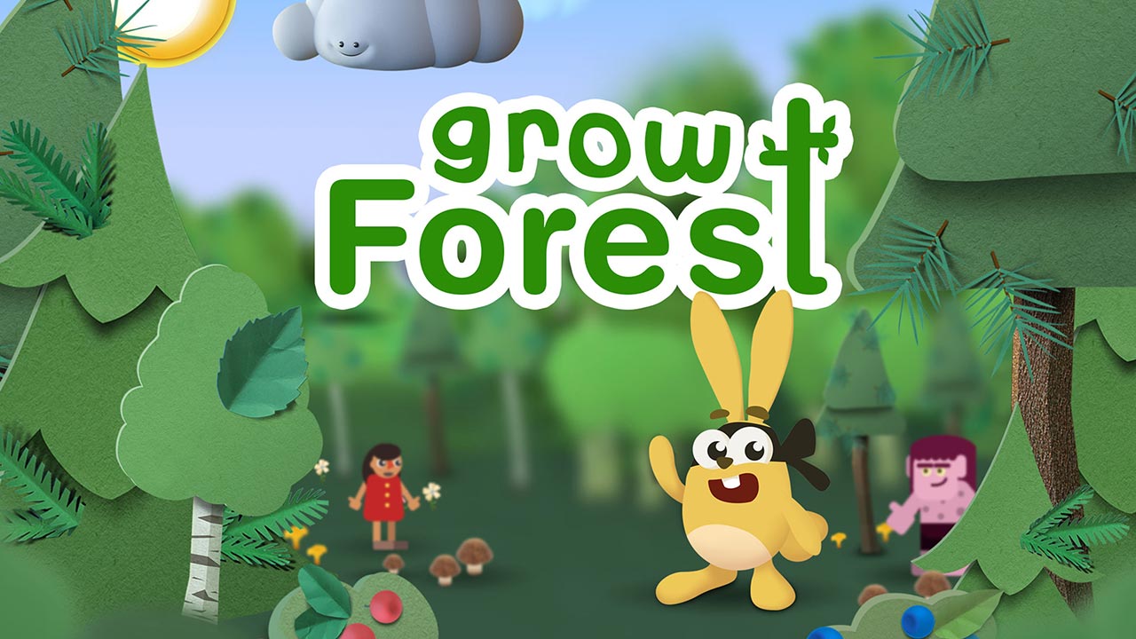 Advertising graphic for Grow Forest game featuring main character on a forested background.