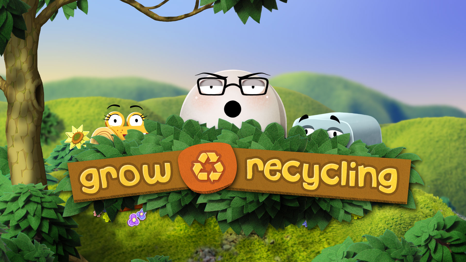 The three main characters from Grow Recycling huddle behind a bush printed with the app's name.