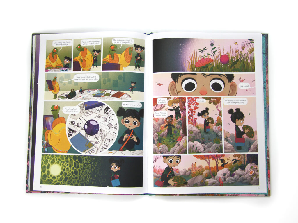 Excerpt from the book. Features illustrated comic panels of the protagonist speaking with an anthropomorphic turtle and their human friends. 