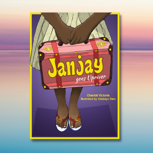 Cover of the book Janjay Goes Upriver. Features a child in a dress holding a pink suitcase with the title in yellow letters.