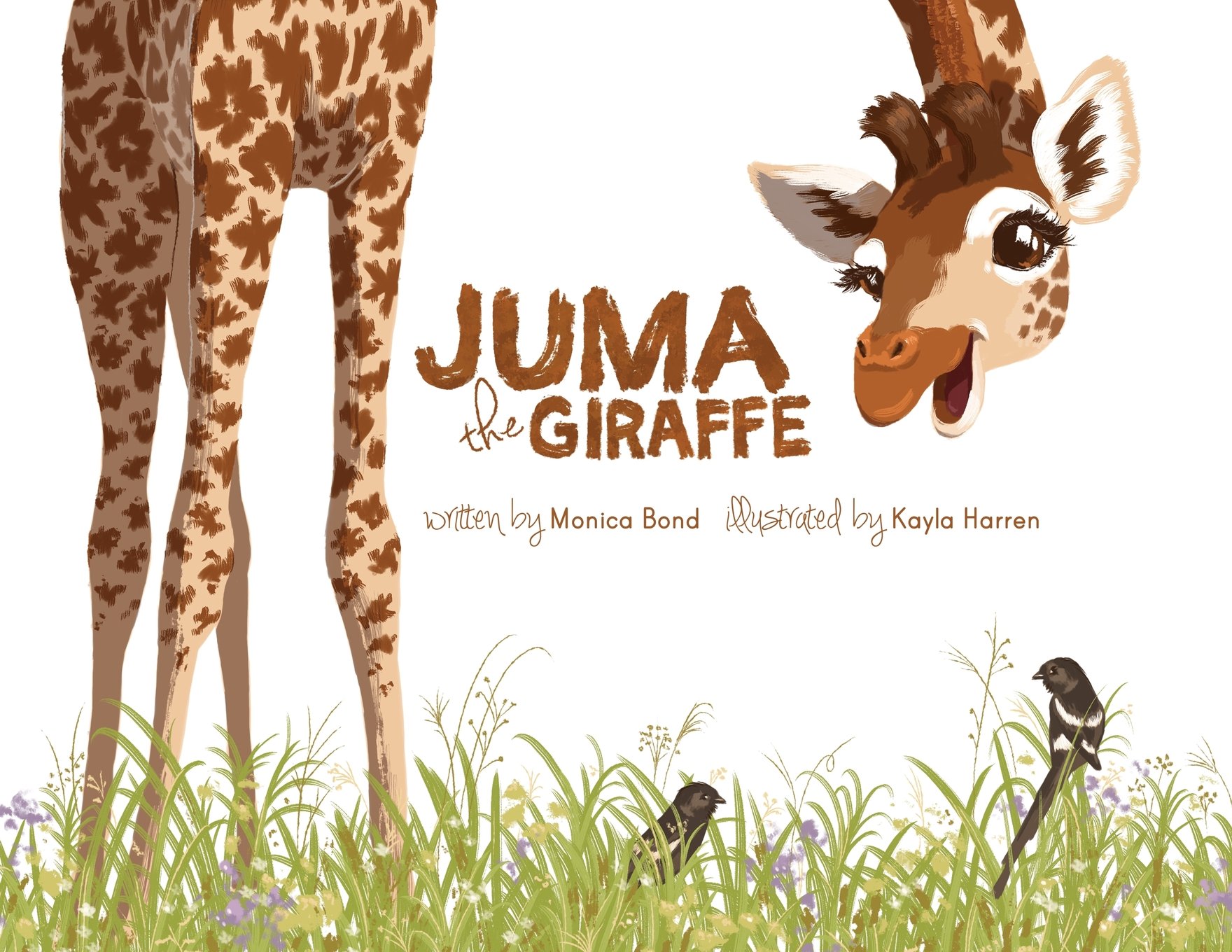 Cover of the book Juma the Giraffe. Features a giraffe standing in the grass and looking at the reader.