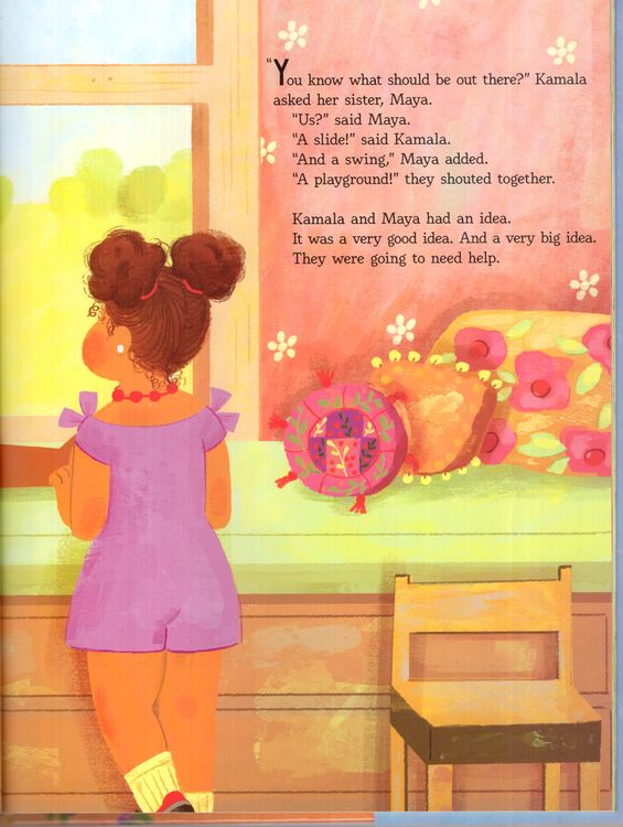Excerpt from the book. Features an illustration of Kamala looking out the window. She is speaking to her sister, who is standing behind her. 