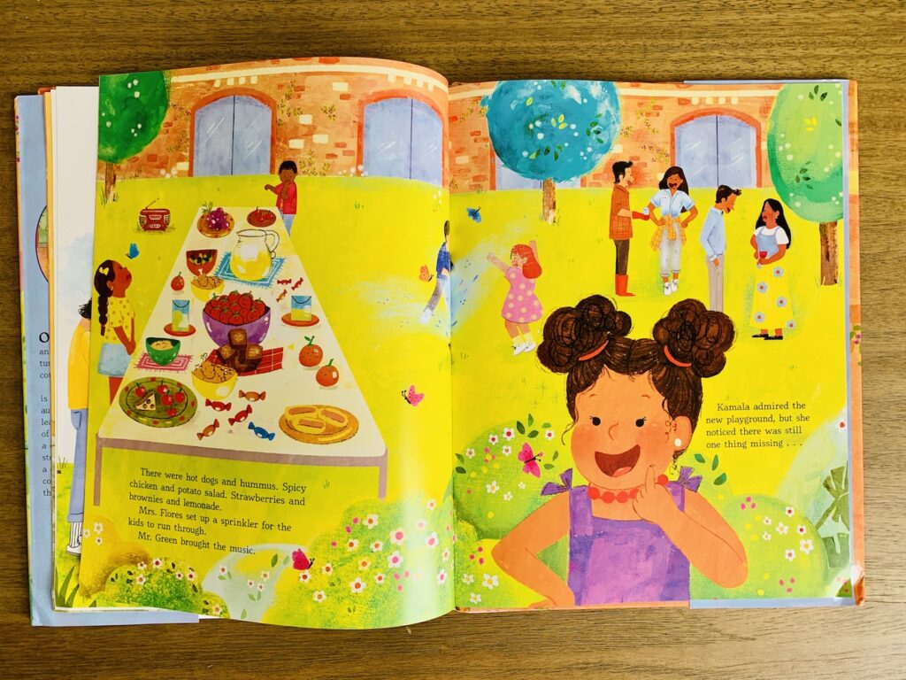 Excerpt from the book. Features an illustration of Kamala thinking at a neighborhood picnic. There is a long table filled with food, children playing, and adults talking.