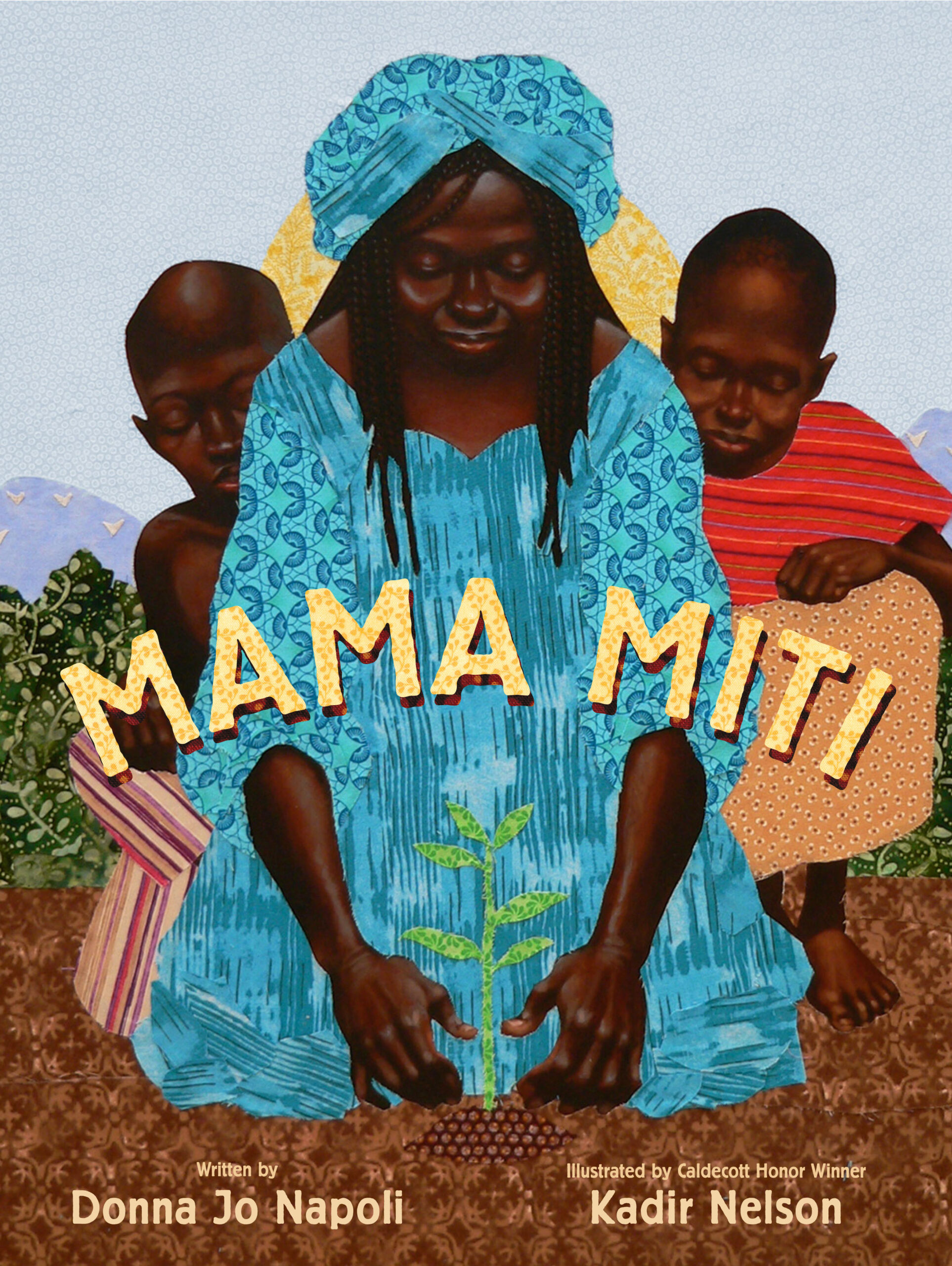 Cover of the book Mama Miti: Wangari Maathai and the Trees of Kenya. Features Wangari Maathai dressed in blue in the foreground with two students positioned behind her and to either side. Wangari is planting a tree.