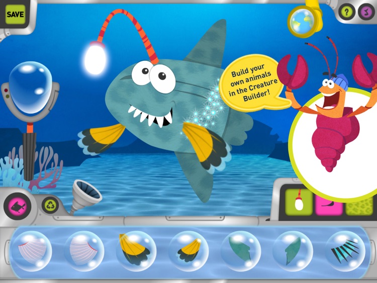 Screenshot of the Marine Missions app featuring deep sea creatures and a simple game for players.