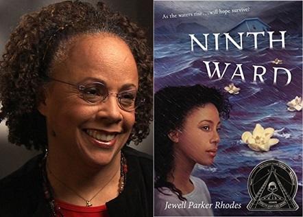 Author Jewell Parker Rhodes with a copy of her book, Ninth Ward. The cover of Ninth Ward features the main character on a water backdrop with the words "Ninth Ward" floating on the surface.