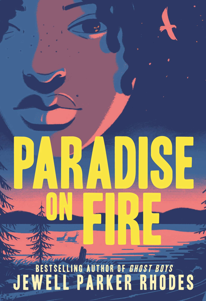 Cover of the book Paradise on Fire. Features a young person's face on top in shades of purple and pink above an outline of a lake in the same color scheme. The title and author's name are printed in yellow.