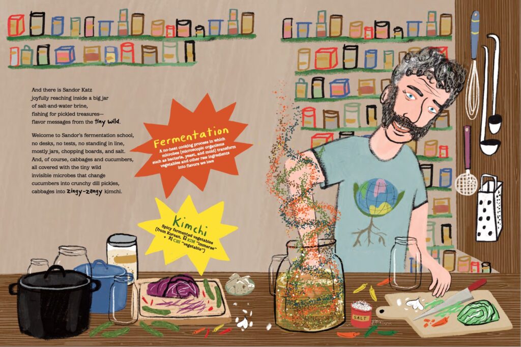 Excerpt from the book. Features an illustration of Sandor Katz stirring ingredients for sauerkraut with his hand. On the table in front of him are two cutting boards with different types of cabbage, various jars for storage, and other scattered ingredients. On the walls behind Sandor are shelves of other ingredients and kitchen tools hanging from hooks. 
