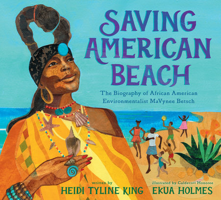 Cover of the book Saving American Beach. Features MaVynee Betsch in the foreground with a beach in the background and families recreating.