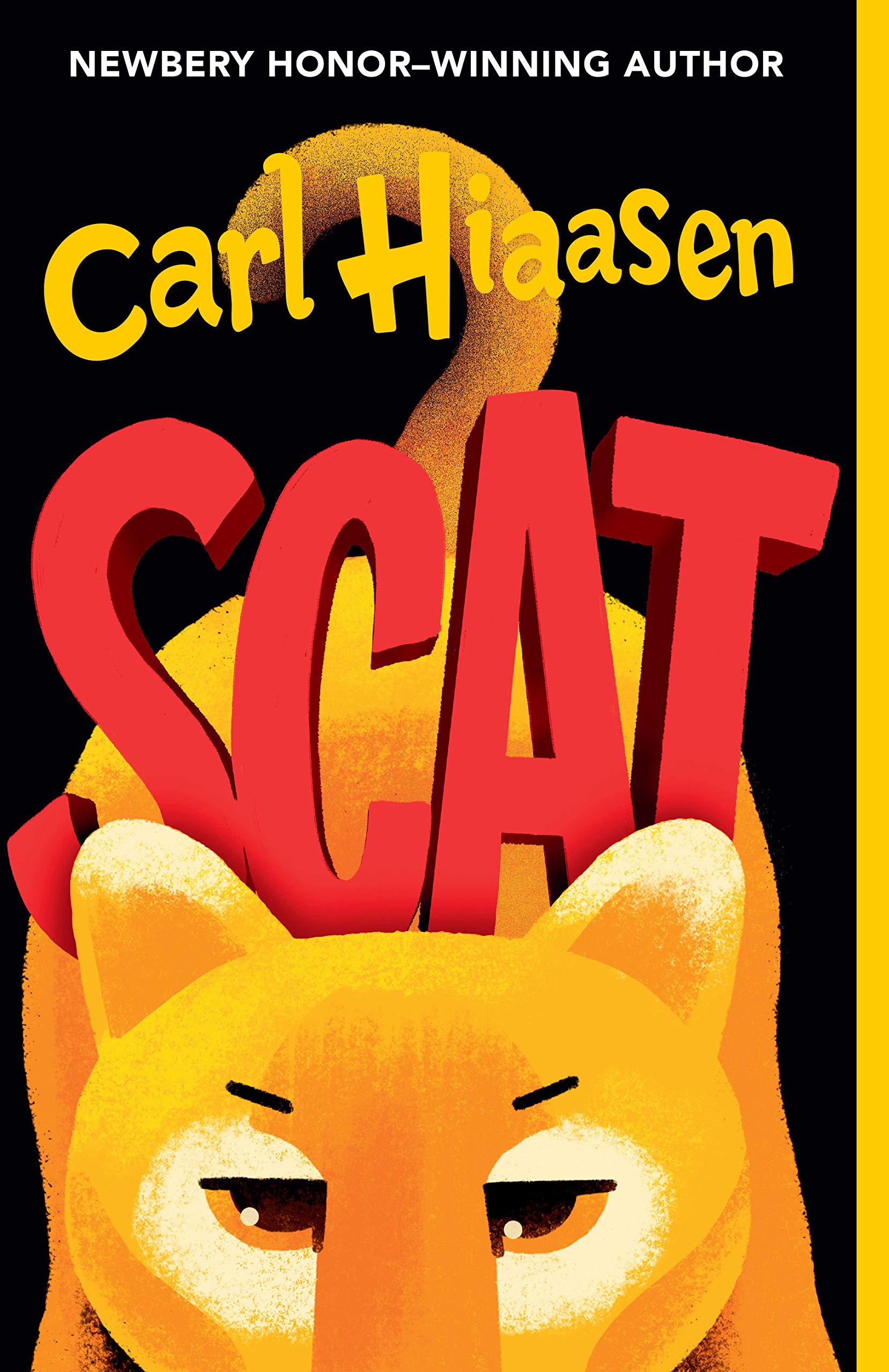 Cover of the book Scat. Features the title in red lettering on the top of a orange-colored illustration of a panther.