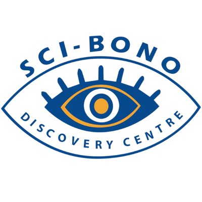 Logo for the Sci-Bono Discovery Centre. Pictures a graphic of an eye in navy and orange, surrounded by an almond shape with the words 