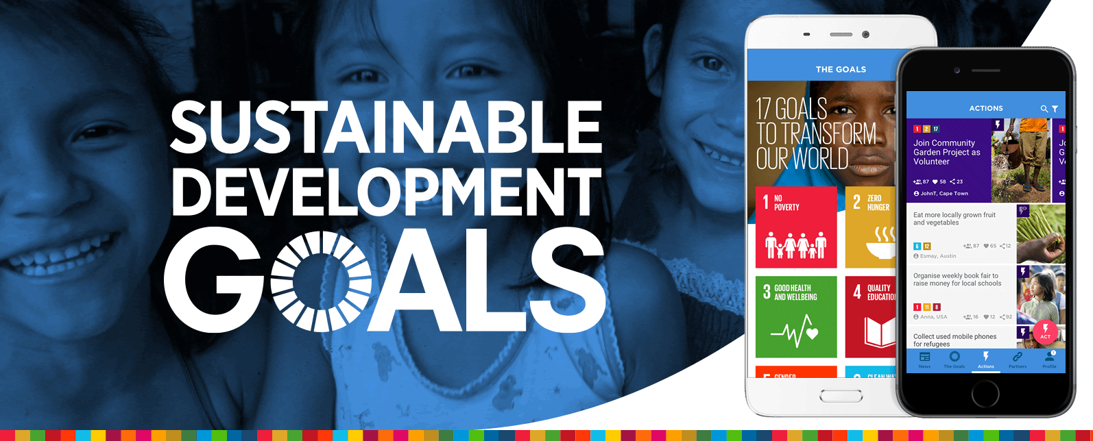 Promotional graphic for the SDGs in Action app. Pictures the words "Sustainable Development Goals" against a photo of three children in a blue tint, with an image of the app on a phone screen on the right side.