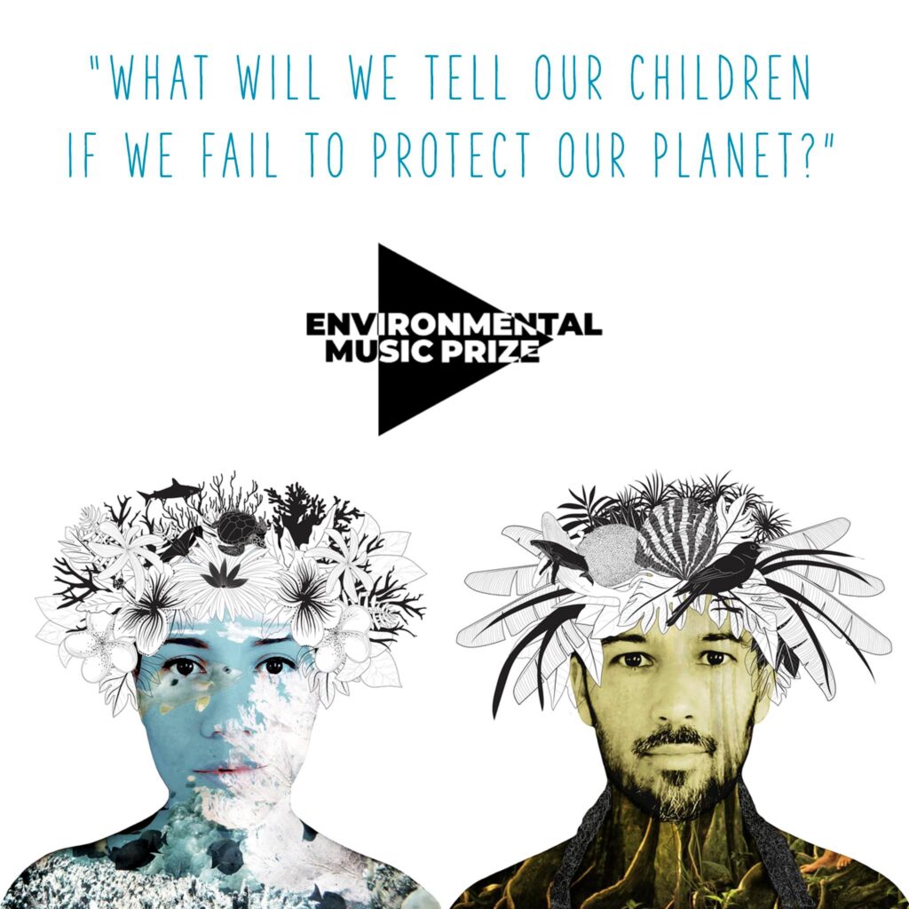 Graphic from Small Island Big Song honoring their candidacy for the Environmental Music Prize. Features outline portraits of two performers with environmental scenes as the background. Each is depicted with an illustrated crown of natural flora and fauna. The text reads "What will we tell our children if we fair to protect our planet?" The Environmental Music Prize logo is at the center of the page.