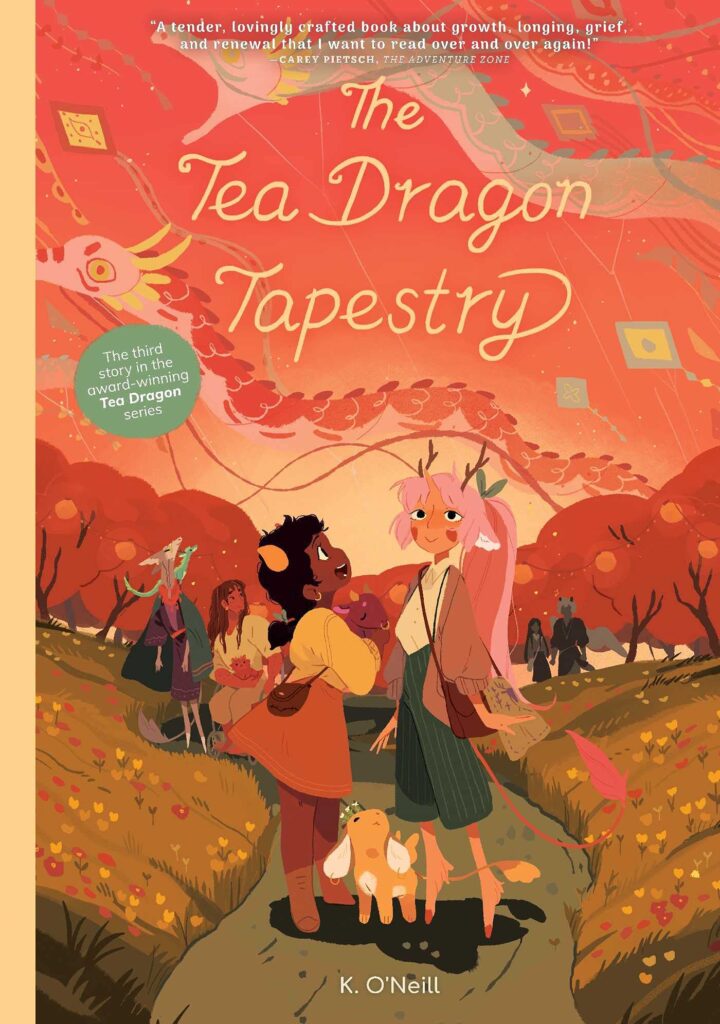 Cover of the final book. Features an illustration of two young people on a forested path. A young tea dragon sits at their feet.