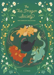 Cover of the first book in The Tea Dragon series. Features three illustrated tea dragons circling a teapot on a green background.