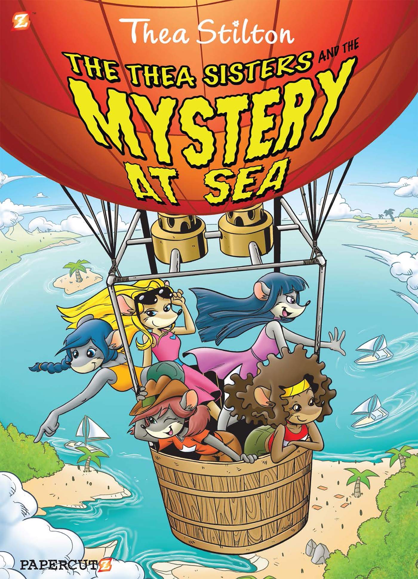 Cover of the book Thea Stilton (Volume 6): The Thea Sisters and the Mystery at Sea. Features the mouse protagonists riding in a hot air balloon above the water.