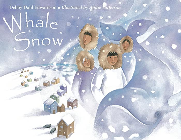 Cover of "Whale Snow." Features people outside in the snow with a whale spirit around them.